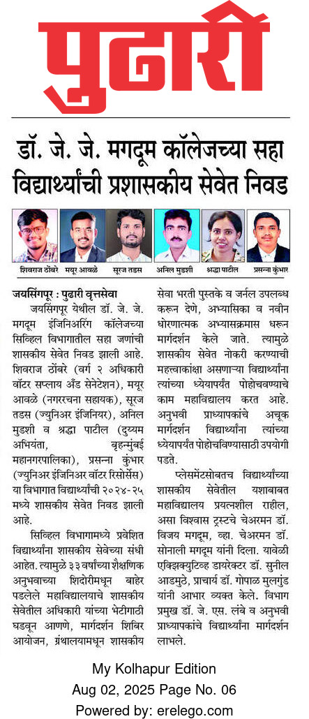 डॉ. जे. जे. मगदूम कॉलेजच्या सहा विद्यार्थ्यांची प्रशासकीय सेवेतील निवड