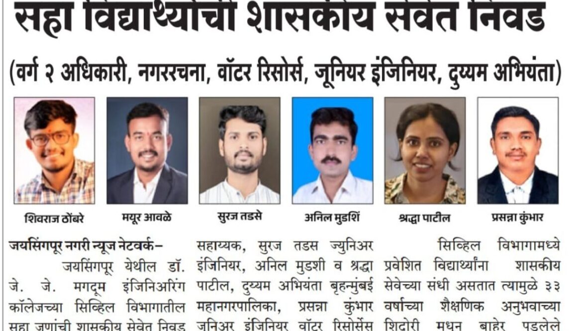 डॉ. जे. जे. मगदूमच्या सिव्हिल विभागातील सहा विद्यार्थ्यांची शासकीय सेवेत निवड