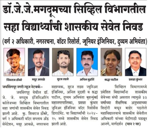 डॉ. जे. जे. मगदूमच्या सिव्हिल विभागातील सहा विद्यार्थ्यांची शासकीय सेवेत निवड