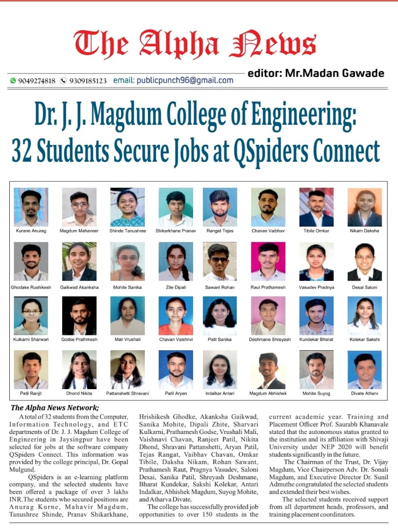 Dr. J. J. Magdum College of Engineering: 32 Students Secure Jobs at QSpiders Connect