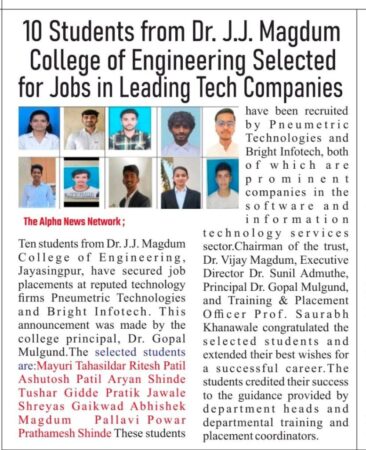 10 Students from Dr. J.J. Magdum College of Engineering Selected for Jobs in Leading Tech Companies
