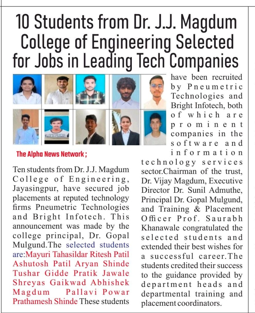 10 Students from Dr. J.J. Magdum College of Engineering Selected for Jobs in Leading Tech Companies