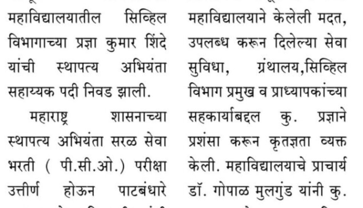 डॉ. मगदूम अभियांत्रिकीच्या प्रज्ञा शिंदे यांची स्थापत्य अभियंता पदी निवड