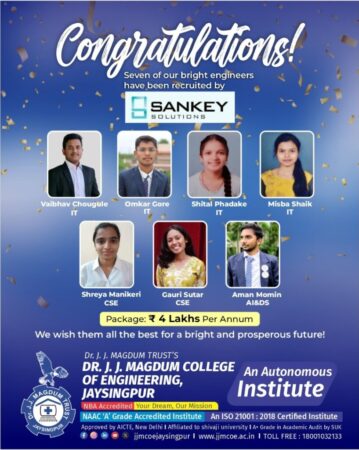 डॉ. जे. जे. मगदुम अभियांत्रिकी महाविद्यालयातील विद्यार्थ्यांची Sankey Solutions मध्ये निवड