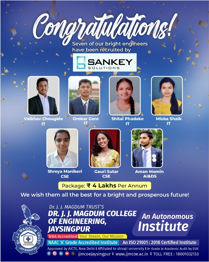 डॉ. जे. जे. मगदुम अभियांत्रिकी महाविद्यालयातील विद्यार्थ्यांची Sankey Solutions मध्ये निवड